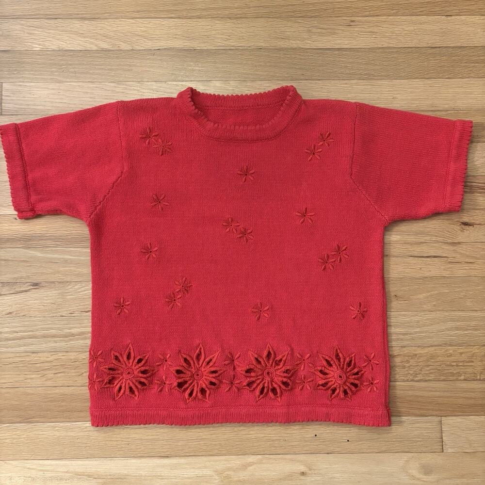 Red Knit Floral Embroidered Spring Sweater Cottagecore Feminine Soft Romantic